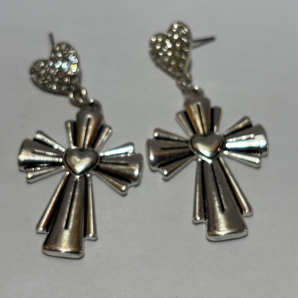 Silver Cross Heart Earrings